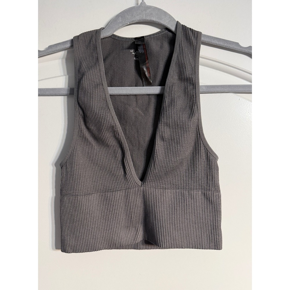 Out From Under Seamless Plunging Bra Top S Grey Ribbed V-Neck Urban Outfitters